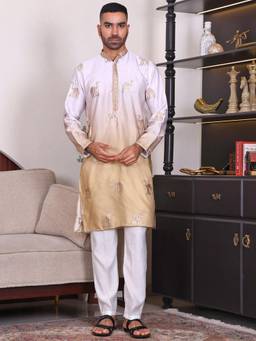 MANQ - Yellow Men Ethnic Motif Sequinned Embroidered Ombre Kurta With Trousers