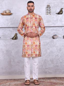 MANQ - Yellow Men Motif Printed Kurta With Pant