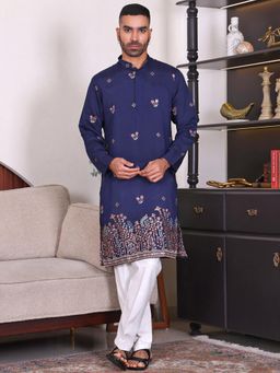 MANQ - Blue Mens Ethnic Motif Sequinned Embroidered Kurta With Trousers