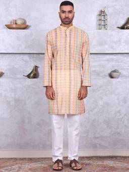 MANQ - Yellow Men Ethnic Motif Sequinned Embroidered Print Kurta With Pant