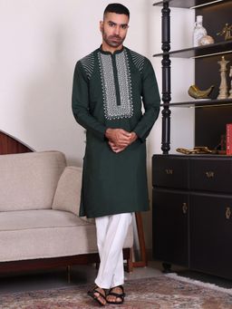 MANQ - Green Men Ethnic Sequinned Embroidered Kurta With Trousers