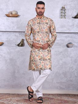 MANQ - Yellow Mens Ethnic Motif Printed Kurta With Pant