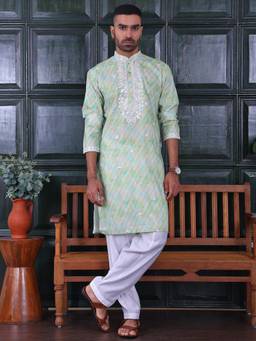 MANQ - Green Men Ethnic Motif Sequinned Embroidered Print Kurta With Salwar