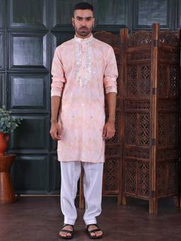 MANQ - Peach Men Ethnic Motif Sequinned Embroidered Print Kurta With Salwar