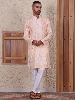 MANQ - Yellow Men Ethnic Motif Sequinned Embroidered Print Kurta With Trousers