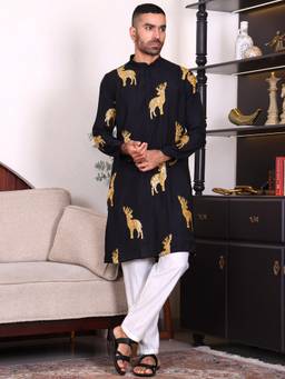 MANQ - Black Men Ethnic Motif Sequinned Mens Embroidered Kurta With Trousers