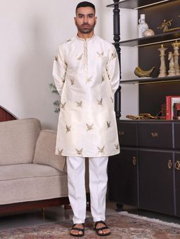 MANQ - Cream Men Ethnic Motif Embroidered Kurta With Trousers