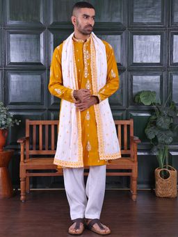 MANQ - Ethnic Motif Sequinned Embroidered Yellow Kurta With Salwar and Dupatta