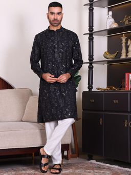 MANQ - Men Black Ethnic Motif Sequinned Embroidered Kurta With Trousers
