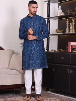 MANQ - Men Blue Ethnic Motif Sequinned Embroidered Kurta With Trousers