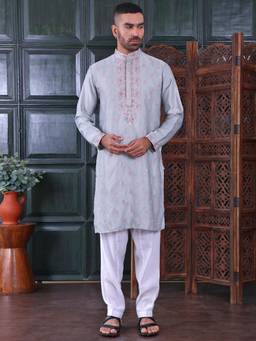 MANQ - Grey Men Ethnic Motif Sequinned Embroidered Kurta With Salwar