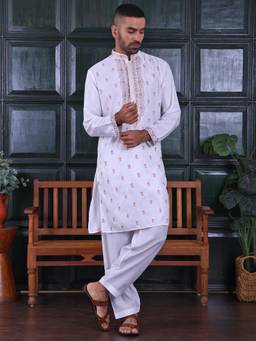 MANQ - White Men Ethnic Motif Sequinned Embroidered Kurta With Salwar