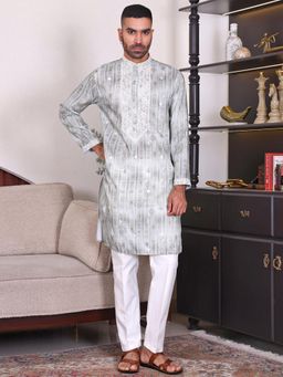 MANQ - Green Men Ethnic Motif Sequinned Embroidered Print Kurta With Trousers