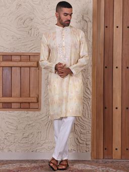 MANQ - Yellow Mens Ethnic Motif Sequinned Embroidered Print Kurta With Trousers