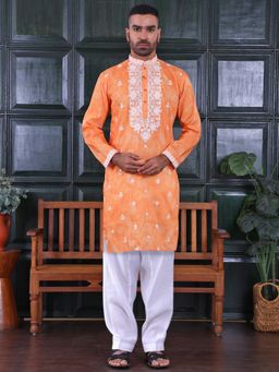 MANQ - Orange Men Ethnic Motif Sequinned Embroidered Print Kurta With Salwar