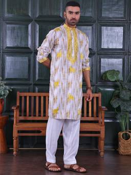 MANQ - Yellow Men Ethnic Motif Sequinned Embroidered Ombre Print Kurta With Salwar