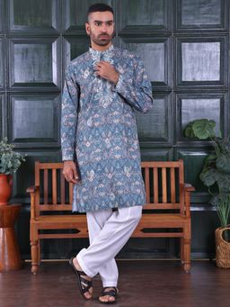 MANQ - Turquoise Men Ethnic Motif Sequinned Embroidered Print Kurta With Salwar