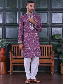 MANQ - Mauve Men Ethnic Motif Sequinned Embroidered Print Kurta With Salwar