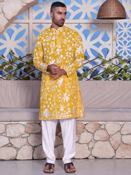 MANQ - Yellow Men Ethnic Motif Sequinned Embroidered Kurta With Salwar