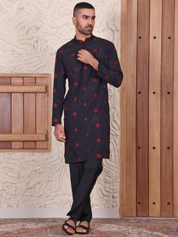MANQ - Black Mens Ethnic Motif Embroidered Kurta With Trousers