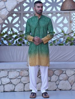 MANQ - Green Men Ethnic Motif Sequinned Bandhani Ombre Kurta With Salwar