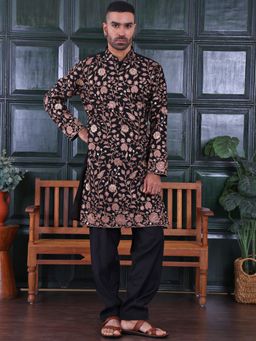 MANQ - Black Men Ethnic Motif Sequinned Embroidered Kurta With Salwar