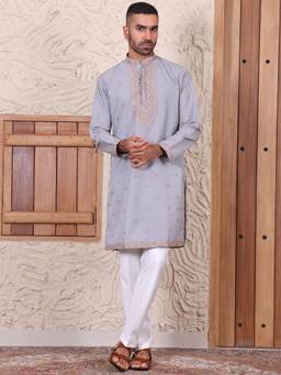MANQ - Grey Men Ethnic Motif Kurta With Trousers