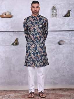 MANQ - Blue Mens Ethnic Motif Printed Kurta With Pant