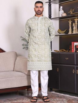 MANQ - Green Ethnic Motif Sequinned Embroidered Kurta With Trousers