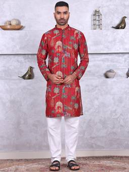 MANQ - Mens Maroon Ethnic Motif Printed Kurta With Pant