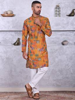 MANQ - Yellow Men Ethnic Printed Kurta With Pant