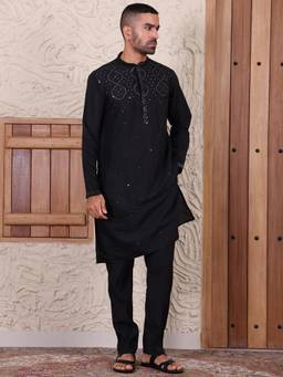 MANQ - Black Ethnic Motif Sequinned Embroidered Mens Kurta With Trousers