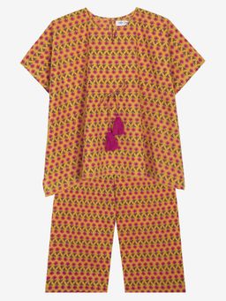 SAKA DESIGNS - Mustard and Magenta Cotton Printed Kaftan for Girls (Set of 2)