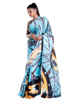 Boveee - Sylvie Satin Georgette Digital Printed Saree In Blue Color with Unstitched Blouse