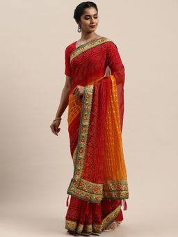 Vastranand - Red & Orange Poly Georgette Printed Bandhani Celebrity Saree with Unstitched Blouse