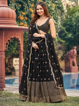 NEEL ART - Black Embroidered Unstiched Lehenga with Choli and Dupatta