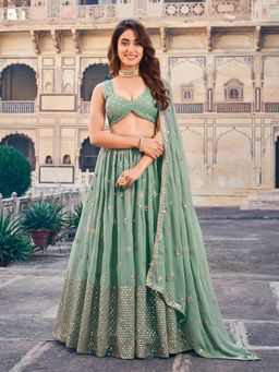 NEEL ART - Olive Green Embroidered Unstiched Lehenga with Choli and Dupatta