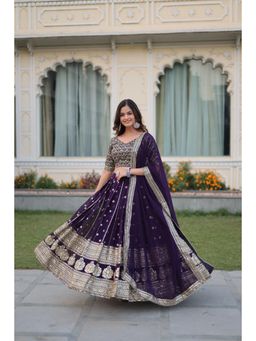 NEEL ART - Purple Embroidered Georgette Unstiched Lehenga with Choli and Dupatta