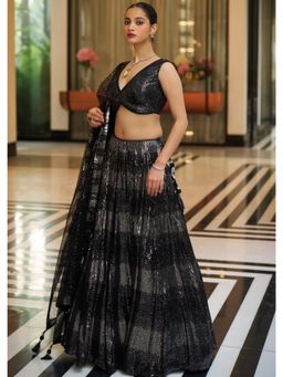 NEEL ART - Black Embroidered Georgette Unstiched Lehenga with Choli and Dupatta
