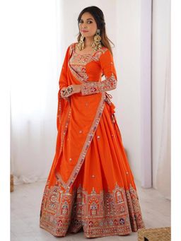 NEEL ART - Orange Embroidered Silk Blend Unstiched Lehenga with Choli and Dupatta