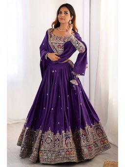 NEEL ART - Purple Embroidered Silk Blend Unstiched Lehenga with Choli and Dupatta