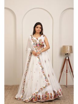 NEEL ART - Off White Georgette fabric Lehenga Unstitched choli with dupatta.