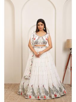 NEEL ART - Off White Embroidered Georgette Unstiched Lehenga with Choli and Dupatta
