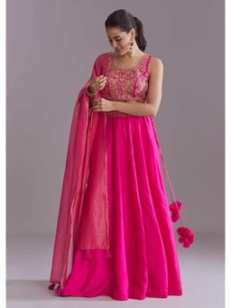NEEL ART - Pink embroidered cotton blend Unstiched Lehenga with Choli and Dupatta
