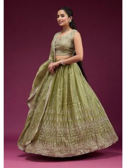 NEEL ART - Olive green embroidered silk blend Unstiched Lehenga with Choli and Dupatta