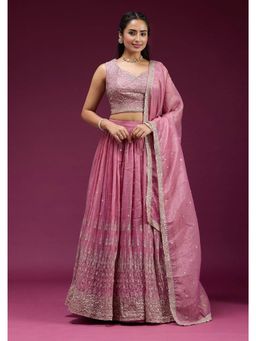 NEEL ART - Pink Embroidered Silk Blend Unstiched Lehenga with Choli and Dupatta