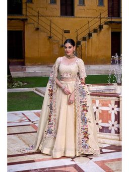 NEEL ART - Beige embroidered Unstiched Lehenga with Choli and Dupatta
