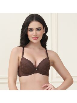 PrettyCat - Underwire Lightly Padded T-Shirt Bra with Sexy Trim Lace Brown
