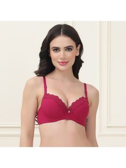 PrettyCat - Underwire Lightly Padded T-Shirt Bra with Sexy Trim Lace Maroon