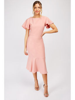 Trendyol - Baby Pink Frill Sleeve And Hem Midi Dress